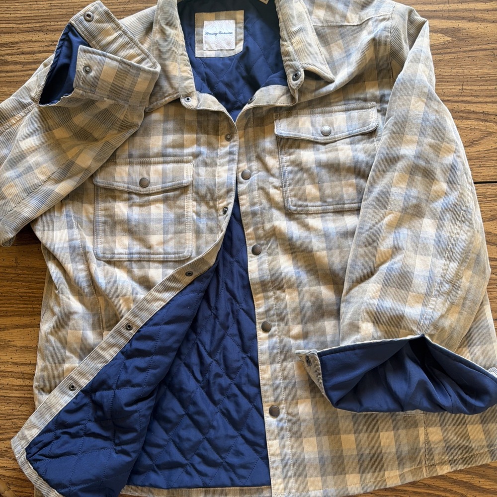 Tommy Bahama Shirt Jacket Mens XL Tan Blue Plaid Quilted Lined Corduroy